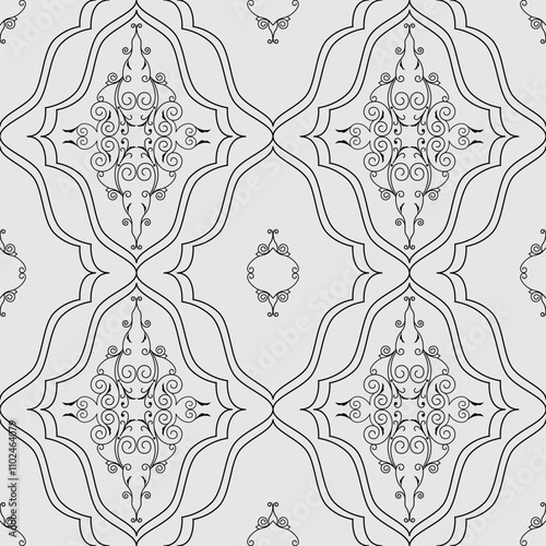 seamless botanical pattern of painted oriental motifs on a white background