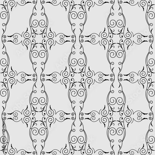seamless botanical pattern of painted oriental motifs on a white background