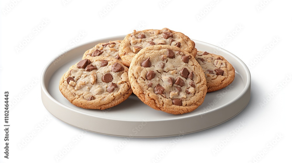 A pile of homemade chocolate chip cookies sits invitingly on a white plate, perfect for sharing or enjoying alone during any snack time A pile of homemade chocolate chip cookies sits invitingly on a white plate, perfect for sharing or enjoying alone during any snack time
