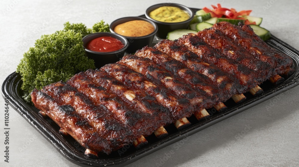Delicious Grilled Pork Ribs with Sauces and Fresh Vegetables Displayed Delicious Grilled Pork Ribs with Sauces and Fresh Vegetables Displayed