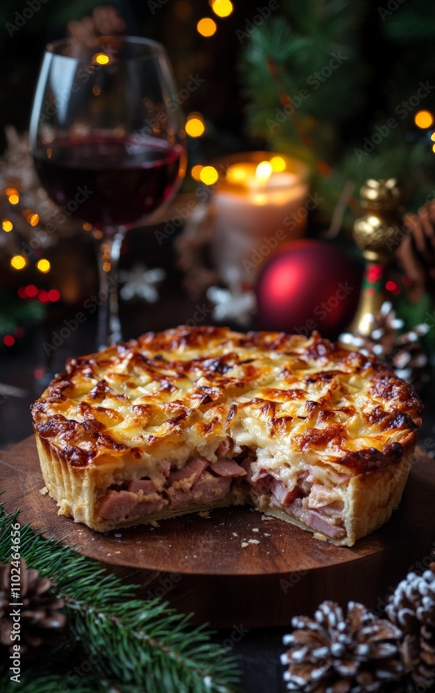 Festive pork pie with candles and christmas decor on wooden table. Festive pork pie with candles and christmas decor on wooden table.