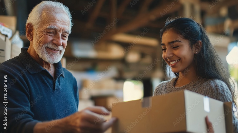a white elderly man and a young Hispanic woman volunteering at a community event, handing out supplies with warm smiles, indoor lighting, a white elderly man and a young Hispanic woman volunteering at a community event, handing out supplies with warm smiles, indoor lighting,