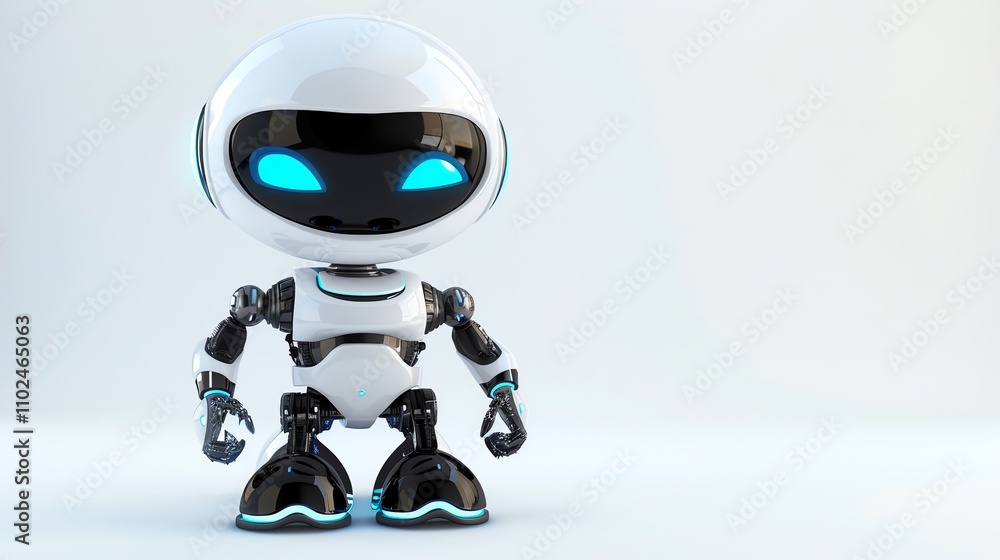 A cute, cartoon robot with white and black coloring and blue glowing eyes. A cute, cartoon robot with white and black coloring and blue glowing eyes.