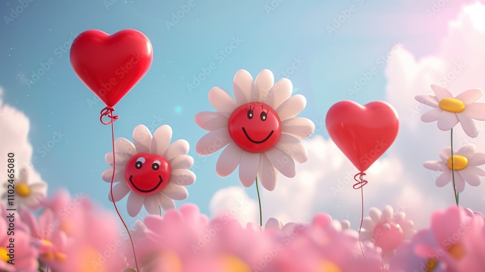 A joyful scene featuring heart-shaped balloons and smiling flowers floating against a blue sky with soft clouds, creating a playful and vibrant atmosphere. AI generated.
