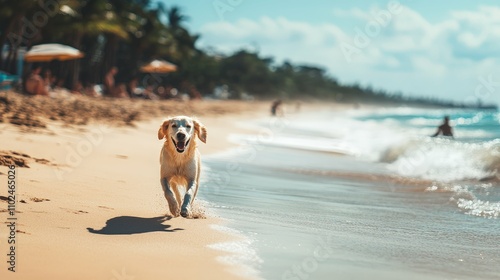 A dog-friendly beach with a happy dog running along the shoreline, people relaxing nearby,
