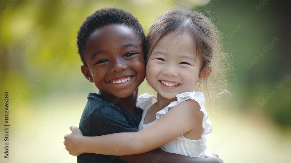 two children, a black boy and an Asian girl, playing in a park with bright natural sunlight, huddling close with big smiles, two children, a black boy and an Asian girl, playing in a park with bright natural sunlight, huddling close with big smiles,