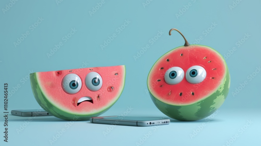 Two animated watermelon halves with big expressive eyes appear shocked while sitting beside smartphones. This whimsical and humorous scene brings playful emotions to life. AI generated.