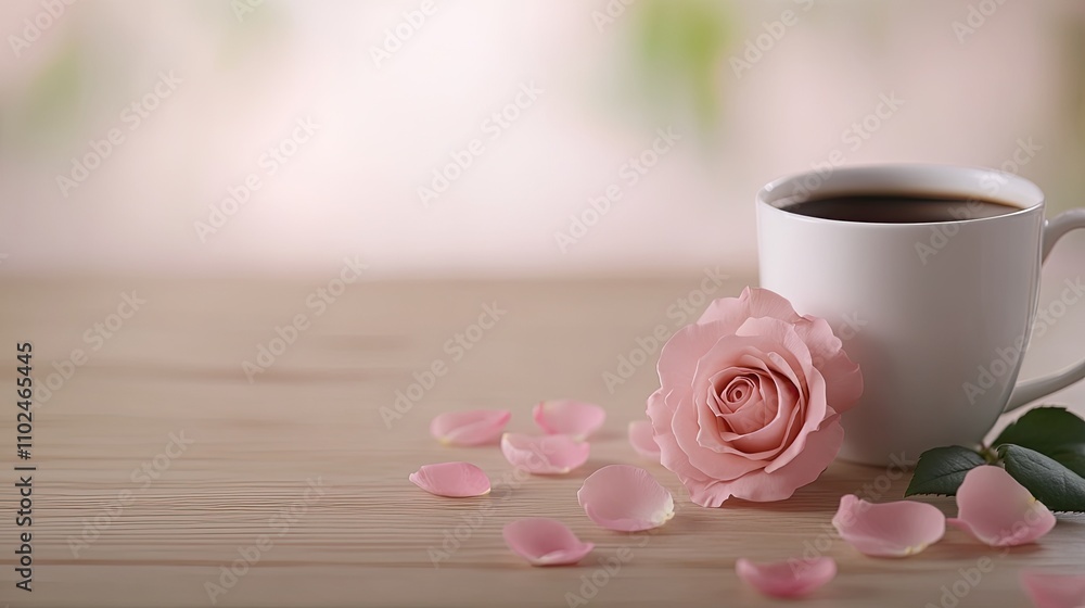 A pink rose and a warm coffee cup on a wooden table surrounded by rose petals captures the essence of a cozy morning A pink rose and a warm coffee cup on a wooden table surrounded by rose petals captures the essence of a cozy morning