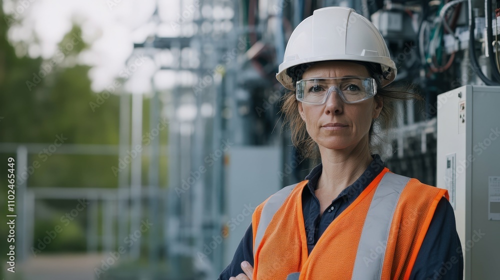 serious middle-aged woman in safety helmet and vest standing with electrical installations in background daylight serious middle-aged woman in safety helmet and vest standing with electrical installations in background daylight