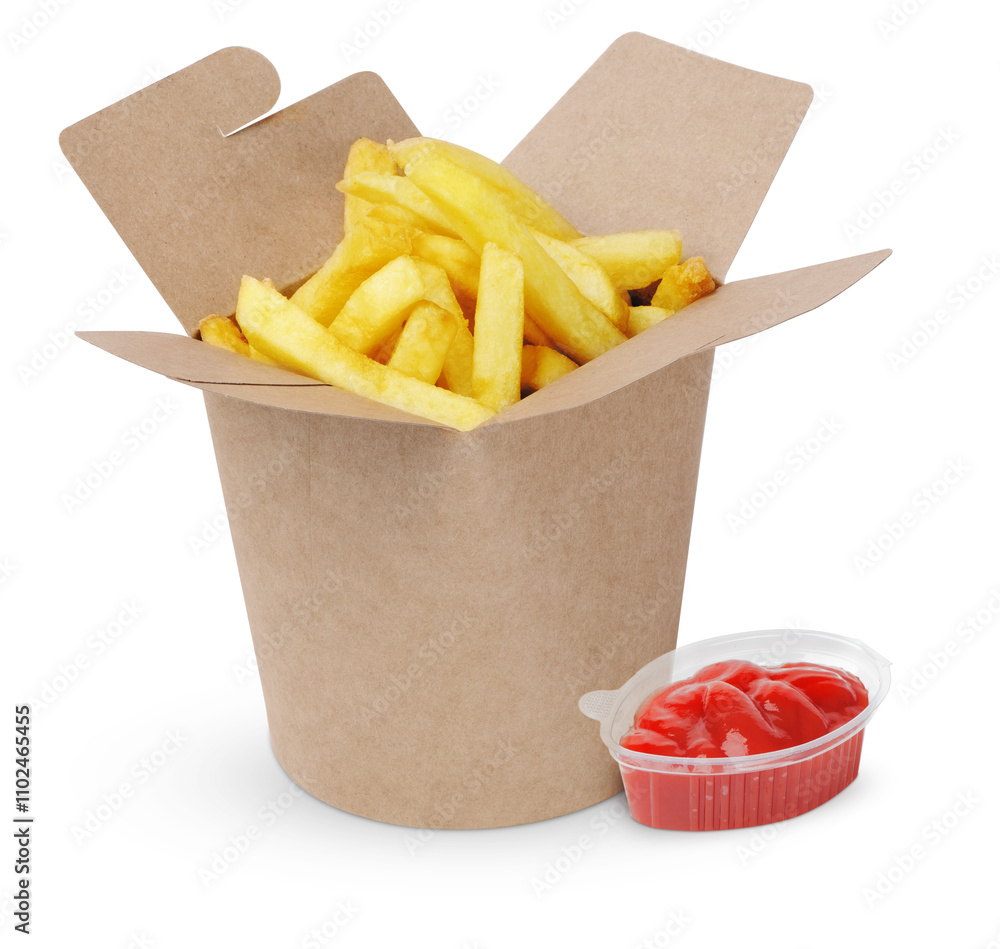 Paper box with tasty french fries and ketchup Paper box with tasty french fries and ketchup