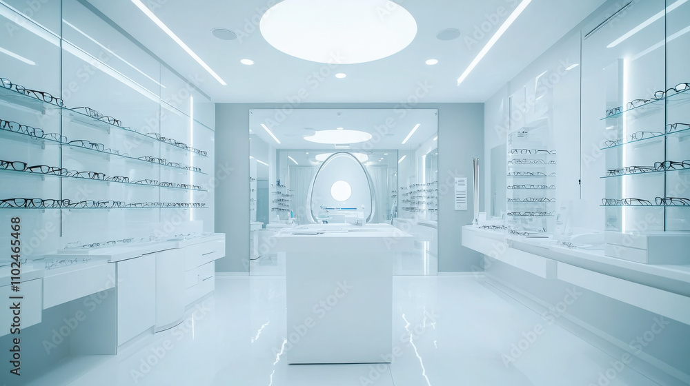 Modern optical store interior showcasing a wide selection of eyeglasses and bright lighting in a clean and sleek ambiance Modern optical store interior showcasing a wide selection of eyeglasses and bright lighting in a clean and sleek ambiance