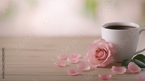 A pink rose and a warm coffee cup on a wooden table surrounded by rose petals captures the essence of a cozy morning