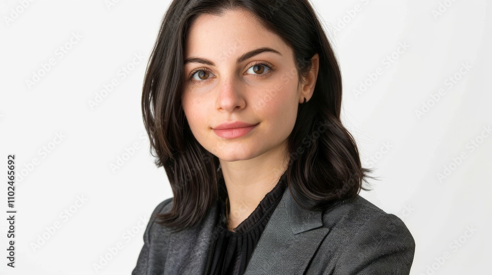 A professional woman with shoulder-length dark hair, wearing a tailored suit and displaying an approachable yet confident expression A professional woman with shoulder-length dark hair, wearing a tailored suit and displaying an approachable yet confident expression
