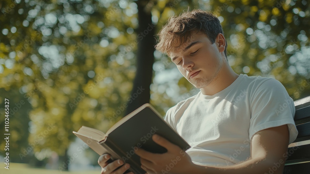 young man reading a book on a park bench, surrounded by greenery, soft afternoon sunlight filtering through the trees young man reading a book on a park bench, surrounded by greenery, soft afternoon sunlight filtering through the trees