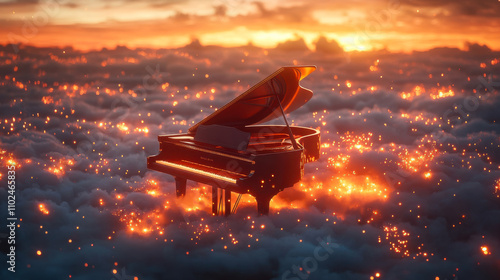 Fototapeta Naklejka Na Ścianę i Meble -  A grand piano surrounded by glowing embers floating on clouds during a stunning sunset in a dreamlike fantasy landscape