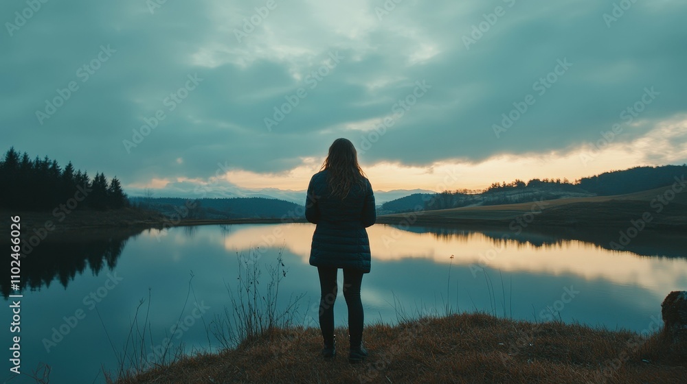happy woman enjoying the landscape, standing on a hill by a lake, dramatic evening light creating a moody atmosphere