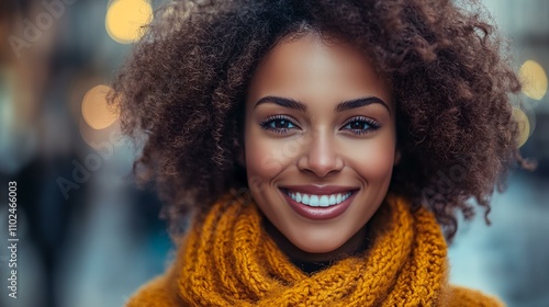 A woman with curly hair and a yellow scarf is smiling. She has a bright and happy expression on her face