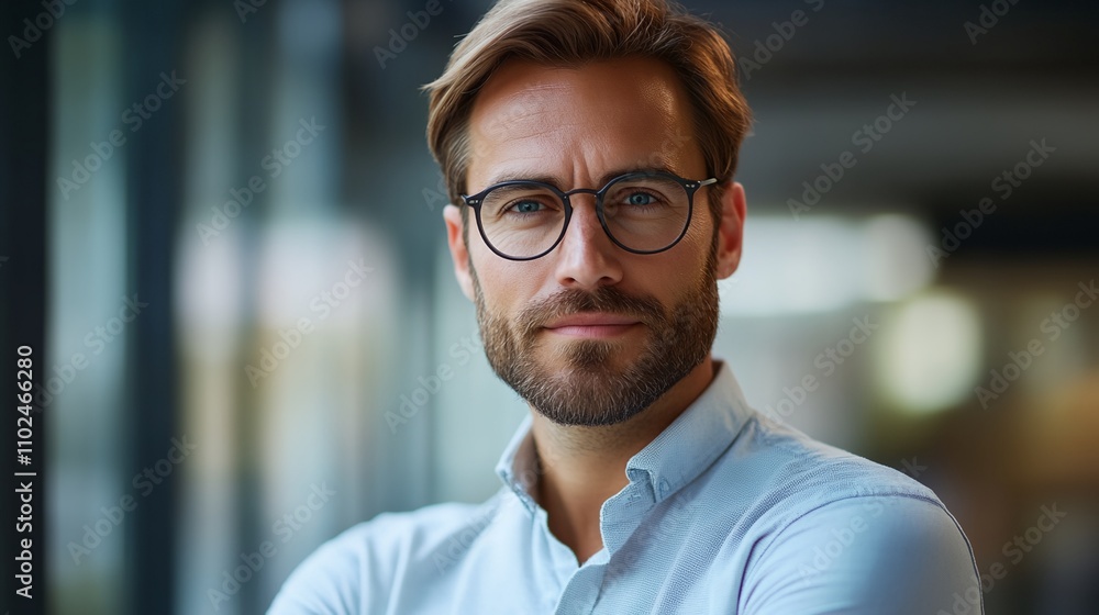 A man with glasses is smiling and looking at the camera A man with glasses is smiling and looking at the camera