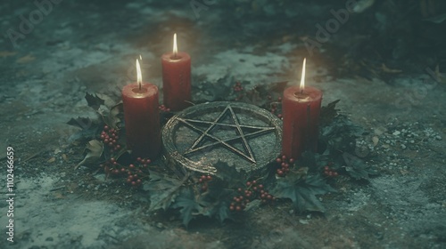 Pagan star shaped symbol with red candles in snowy night winter forest. Winter solstice holiday. Yule, Korochun. Wiccan pagan religion. Magic or esoteric dark ritual, satanism cult photo