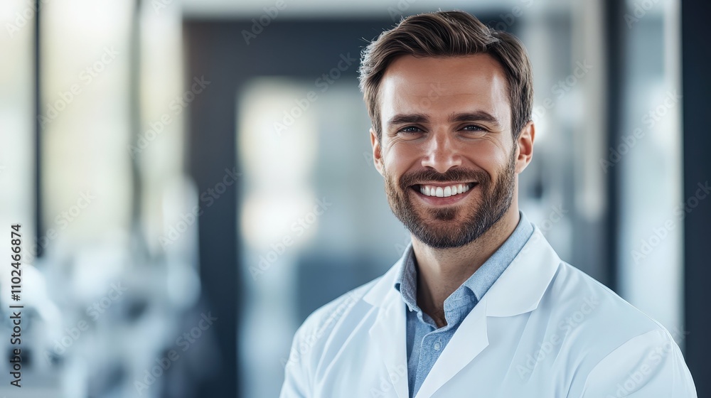 Fototapeta premium scientist man in a white coat smiling in a laboratory setting with equipment in the background, natural daylight