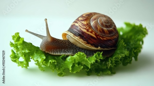 A serene close-up of a snail eating a small vegetable leaf, photo