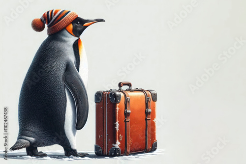 A penguin with a suitcase in a winter hat. Space for text.