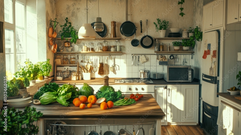 Bright and Cozy Kitchen with Fresh Vegetables and Herbs Displayed Bright and Cozy Kitchen with Fresh Vegetables and Herbs Displayed