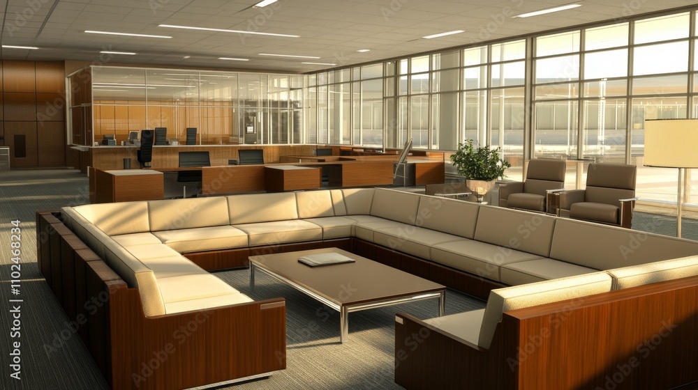 Modern Office Lobby with Spacious Couch and Bright Windows Design Modern Office Lobby with Spacious Couch and Bright Windows Design