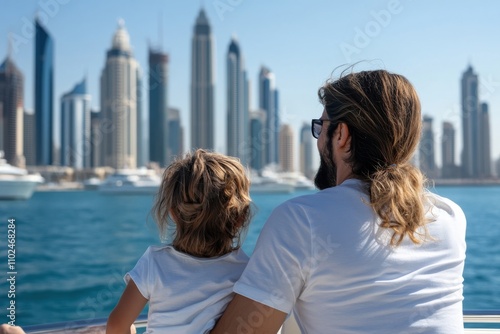 A father and child share a heartwarming moment while admiring the majestic cityscape from a boat, symbolizing love, adventure, and family connections. photo