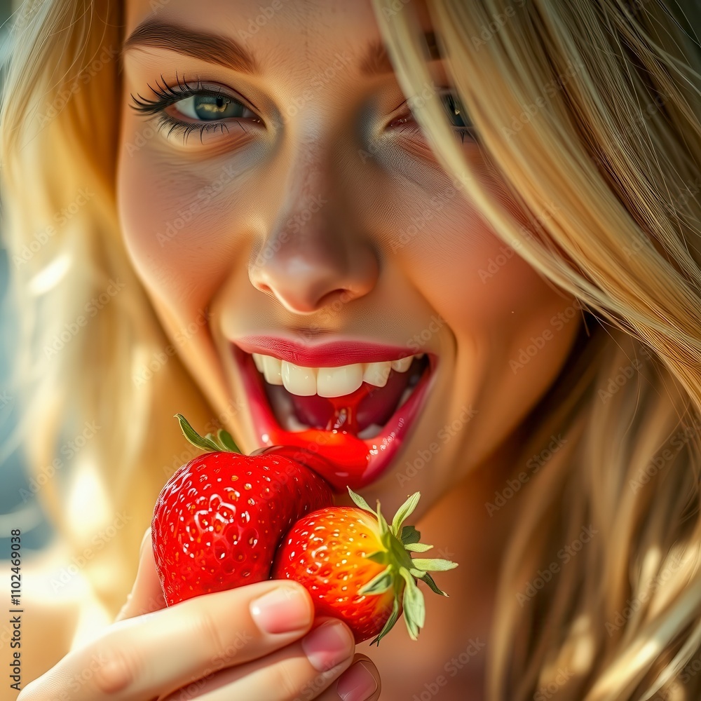 Young Woman Enjoying Fresh Strawberries in a Sunny Outdoor Setting Young Woman Enjoying Fresh Strawberries in a Sunny Outdoor Setting