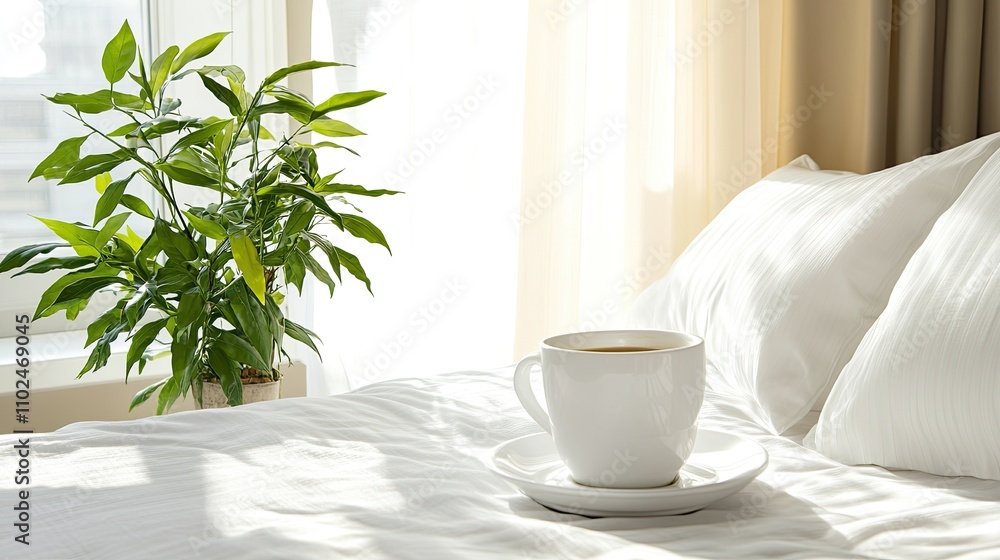 A cup of coffee rests on a tray beside an unmade bed, while sunlight streams through the window, enhancing the inviting atmosphere A cup of coffee rests on a tray beside an unmade bed, while sunlight streams through the window, enhancing the inviting atmosphere