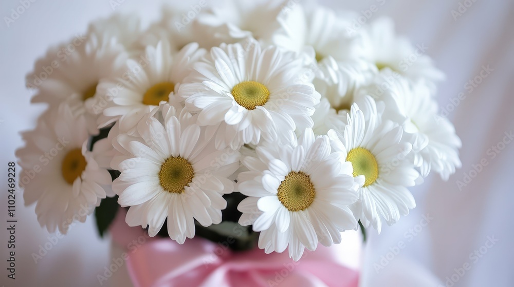 Obraz premium White daisies in a gift box with a pink satin bow, clean background,