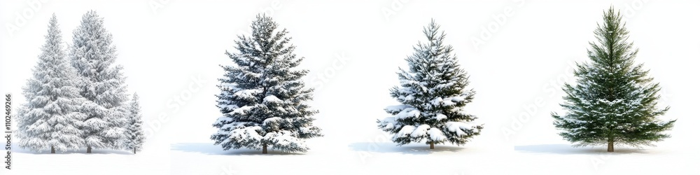 Fototapeta premium Set of different snow-covered spruce trees isolated on a white background