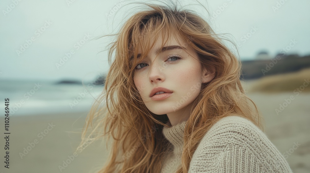 Femme pensive d'apparence slave blonde naturelle avec des cheveux longs, une texture de peau détaillée dans un temps beige et venteux Femme pensive d'apparence slave blonde naturelle avec des cheveux longs, une texture de peau détaillée dans un temps beige et venteux
