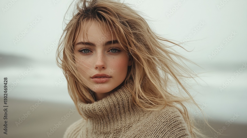 Femme pensive d'apparence slave blonde naturelle avec des cheveux longs, une texture de peau détaillée dans un temps beige et venteux Femme pensive d'apparence slave blonde naturelle avec des cheveux longs, une texture de peau détaillée dans un temps beige et venteux