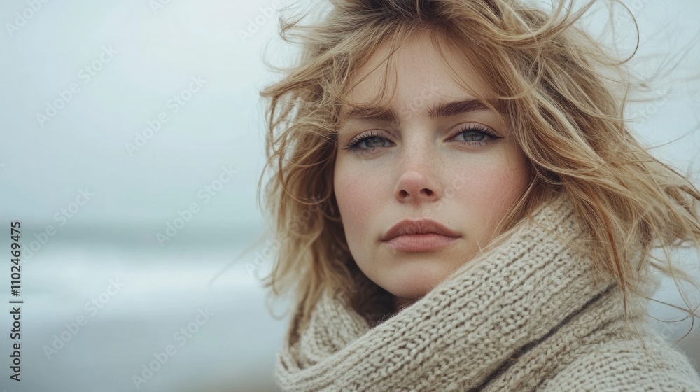 Femme pensive d'apparence slave blonde naturelle avec des cheveux longs, une texture de peau détaillée dans un temps beige et venteux Femme pensive d'apparence slave blonde naturelle avec des cheveux longs, une texture de peau détaillée dans un temps beige et venteux
