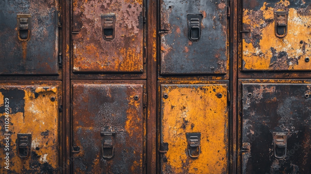 Rusty metal lockers with various colors of rust and paint. Rusty metal lockers with various colors of rust and paint.