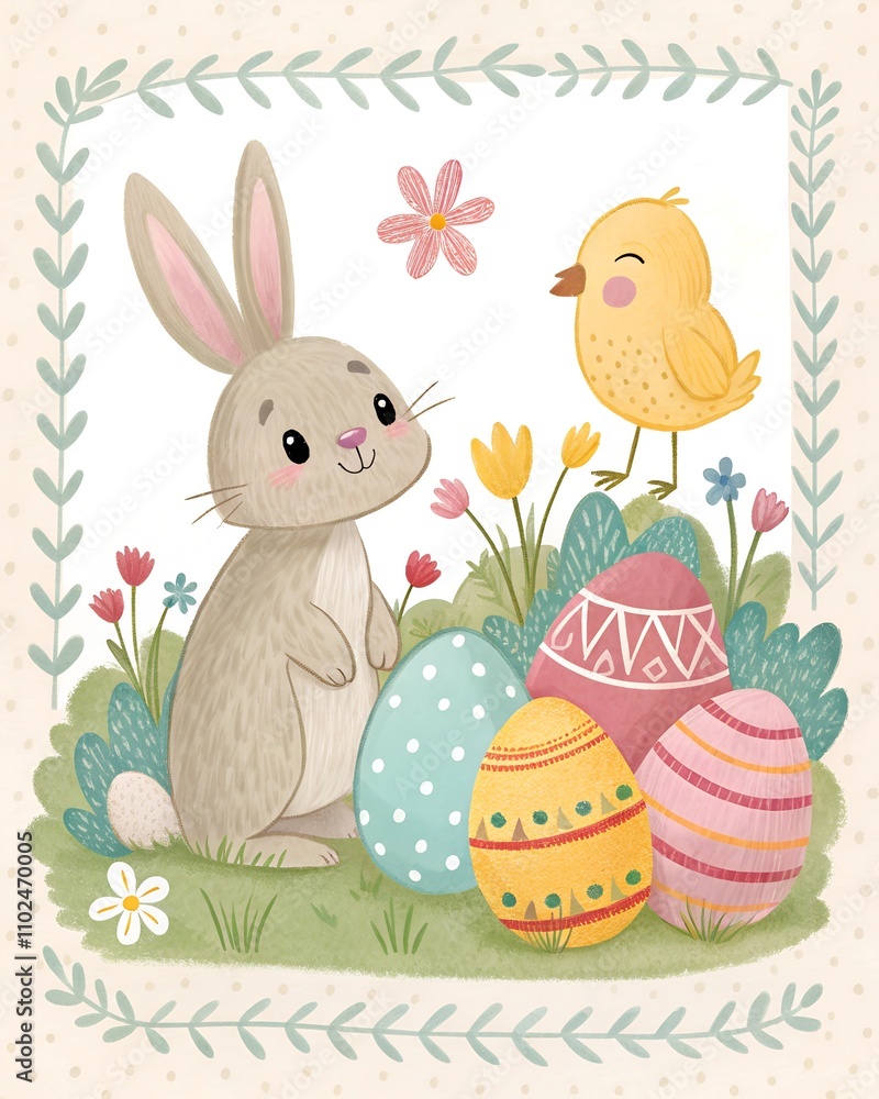 Happy easter! Vector hand drawn gouache illustrations of bunny, easter eggs, chick, frame and pattern for background, greeting card or poster
Happy easter! Vector hand drawn gouache illustrations of bunny, easter eggs, chick, frame and pattern for background, greeting card or poster