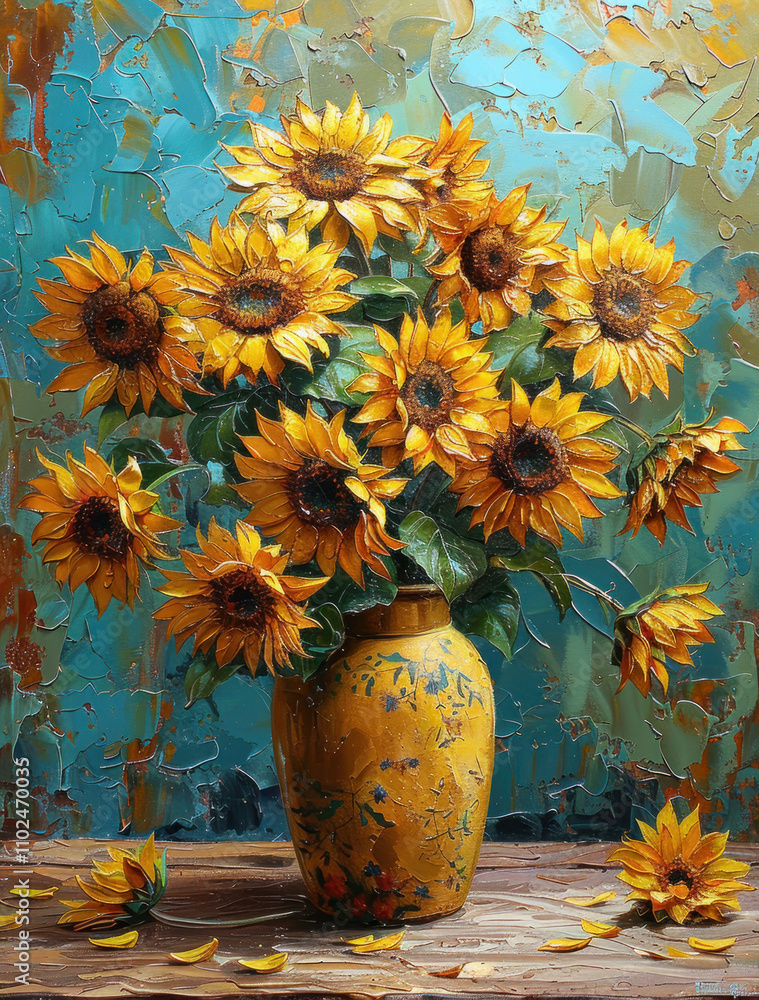 an oil painting of many sunflowers in a yellow vase,