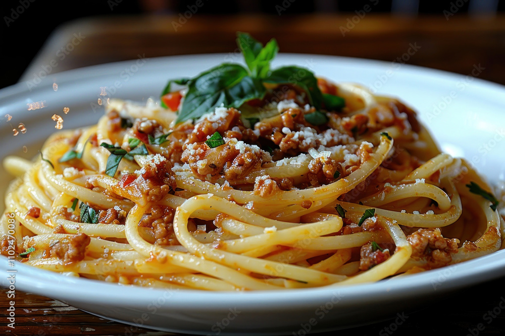 Spaghetti Bolognese on white plate on wooden table,. Spaghetti Bolognese on white plate on wooden table,.