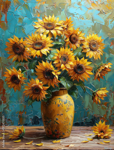 Obraz na płótnie an oil painting of many sunflowers in a yellow vase, w salonie