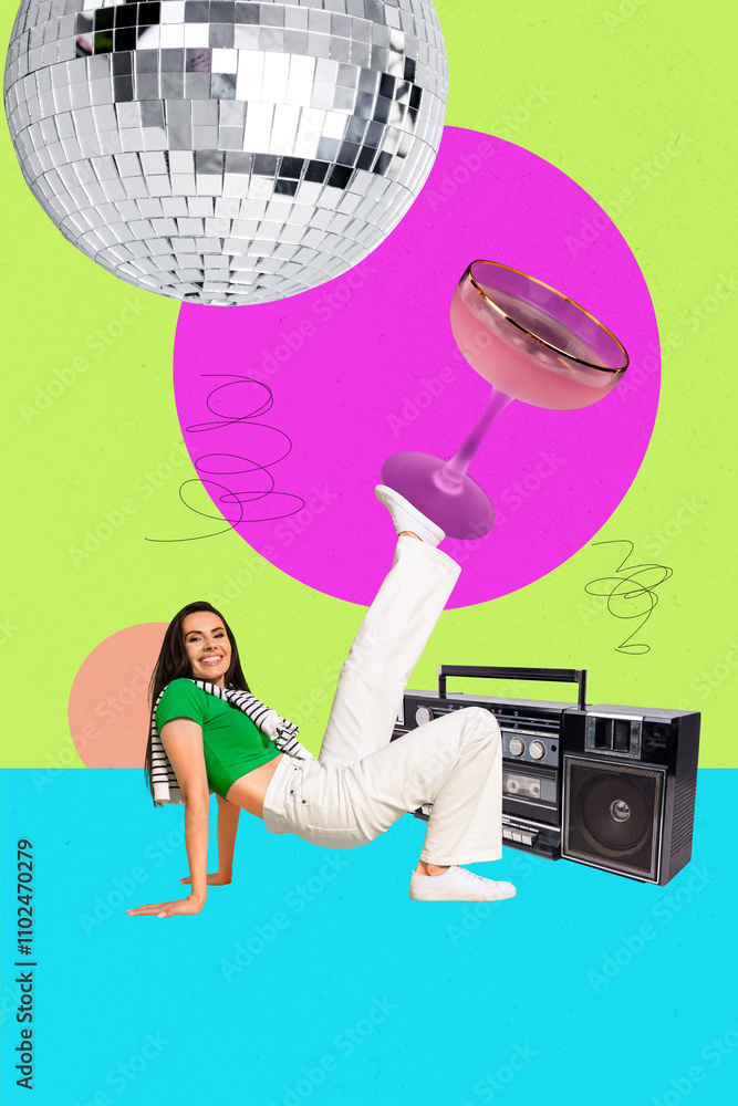 Φωτογραφία Vertical photo collage of happy girl dance retro disco ball occasion hold martin