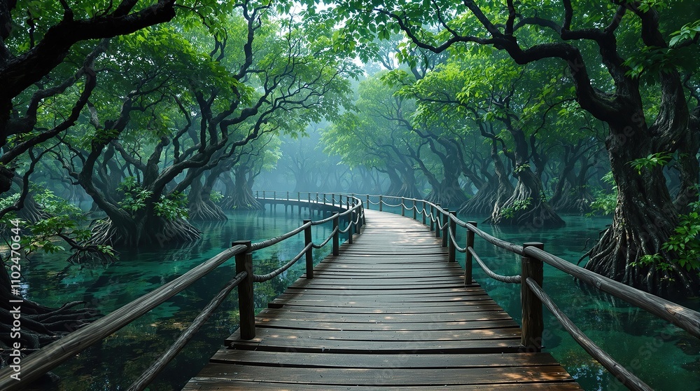 Fototapeta premium A wooden bridge winding through lush mangrove forest, bridge, wood, tranquil