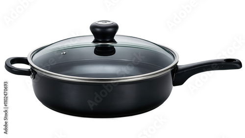 Black sauté pan with glass lid isolated  
 photo