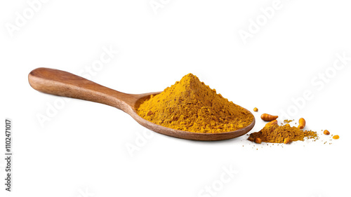Turmeric powder in wooden spoon isolated  
