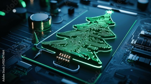 Digital Christmas tree made of green circuit lines on black background representing modern holiday technology and innovation showcasing the blend of electronics and festive spirit