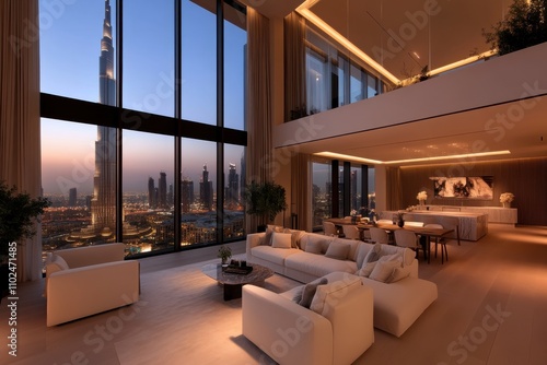 A grand living area showcasing modern design and generous glass walls, presenting dramatic views of the city skyline, effectively highlighting the essence of urban luxury.