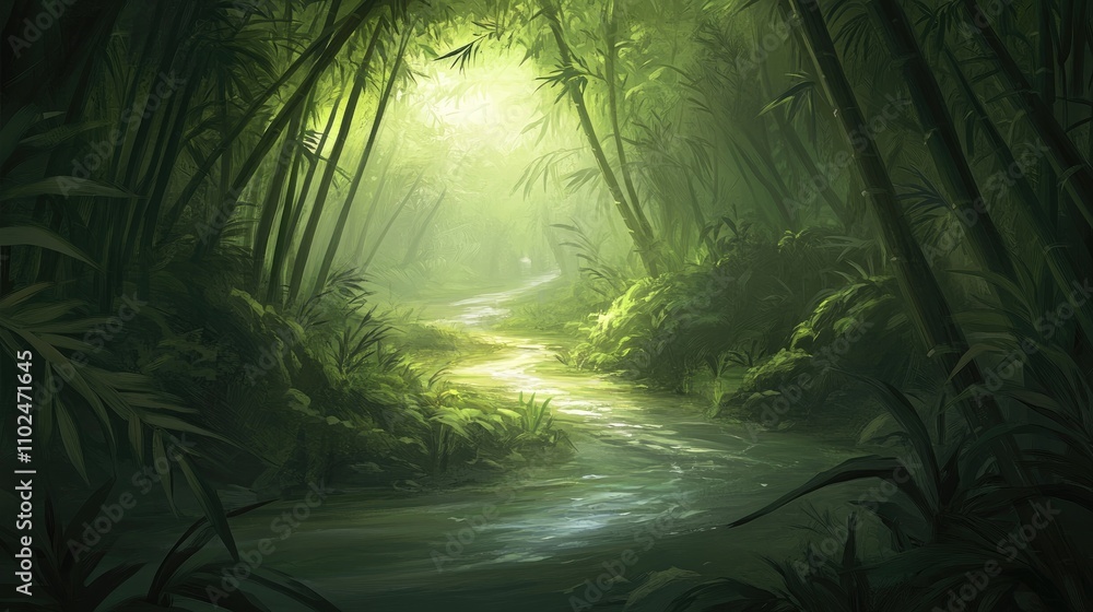 Fototapeta premium Serene bamboo forest path with a stream flowing through lush green vegetation under soft sunlight.