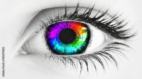 Black and white close-up of eye with vibrant colored iris, isolated detail, high contrast and dramatic