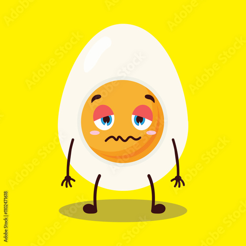 cute grumpy expression of half boiled egg cartoon character